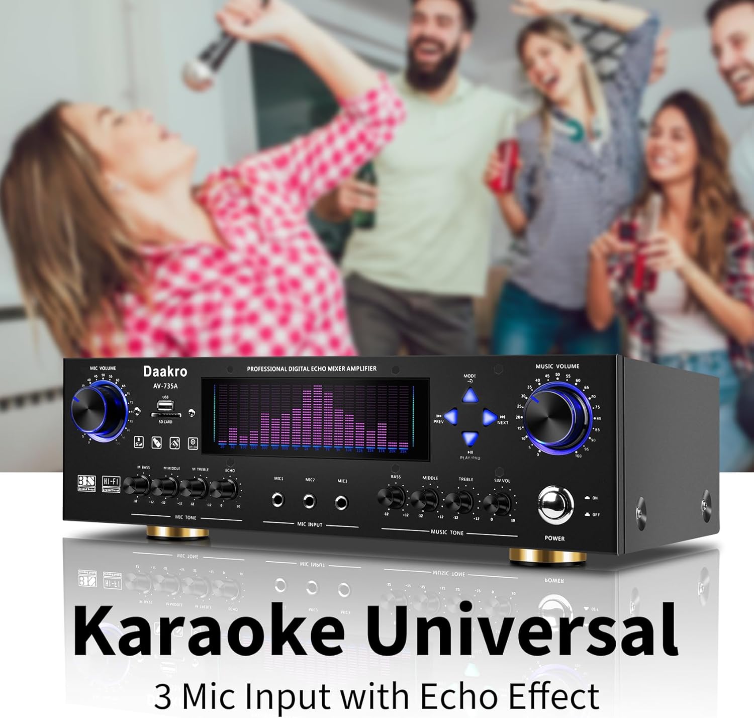 AV-735A 600W 5.1 Channel Home Theater Stereo Receiver,Wireless Home Audio Amplifier System,Digital Stereo Receiver/Amp System w/ 3 Mic in Echo/BT/USB/SD/RCA/LED/Opt/Coax for Home/Studio - Image 7