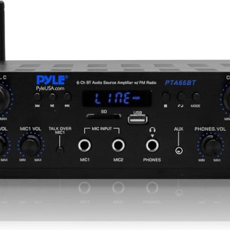 Pyle 600W 6-Channel Bluetooth Stereo Amplifier - Audio Receiver with Digital LCD - Microphone Input - USB - SD - AUX - RCA - FM Radio - Headphone Jack - Multi-Zone Control - PTA66BT